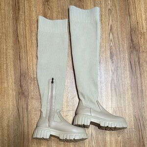 Beige Over-the-Knee Sock Boots